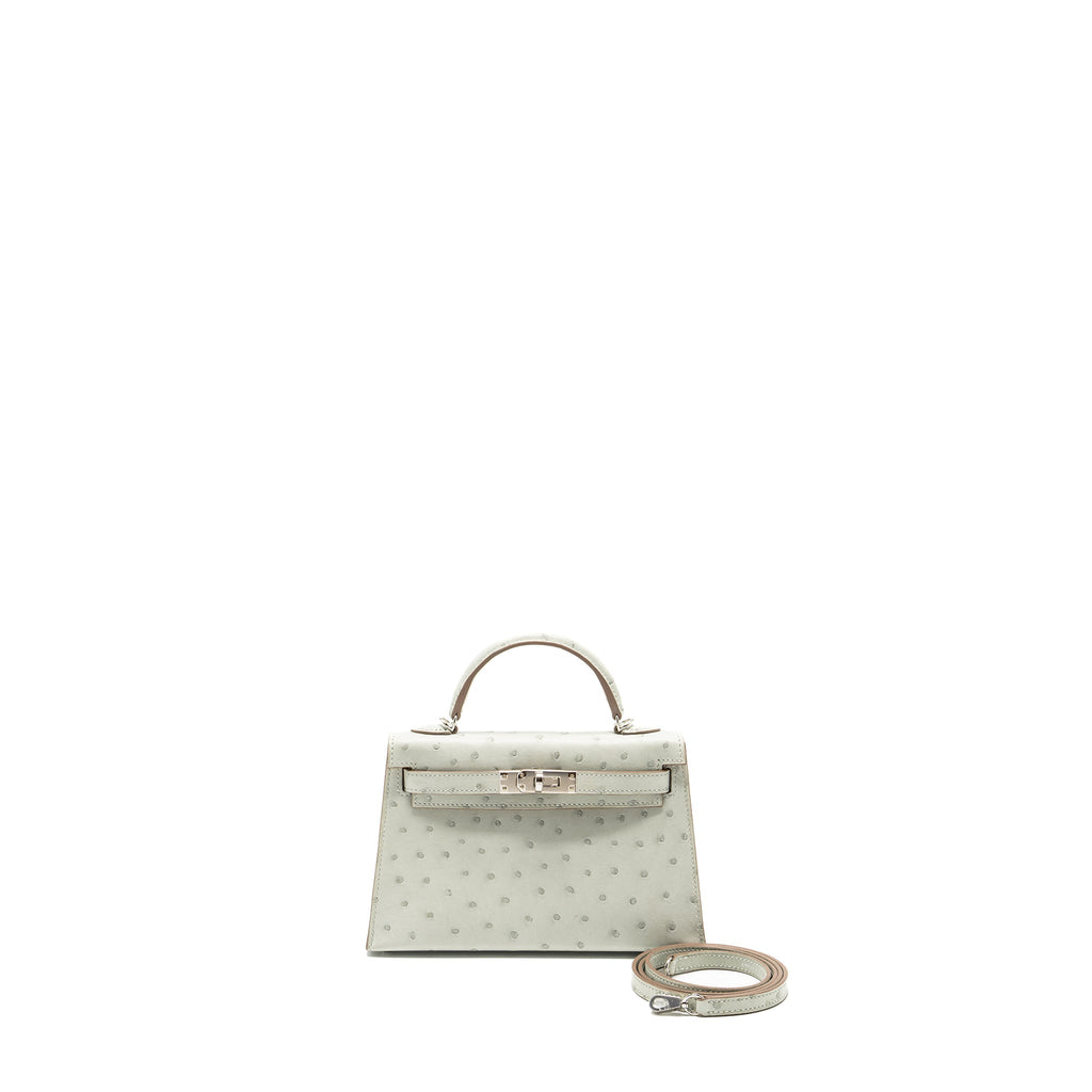 Hermes Mini Kelly II Special Order Ostrich Gris Perle/Jaune Amber SHW