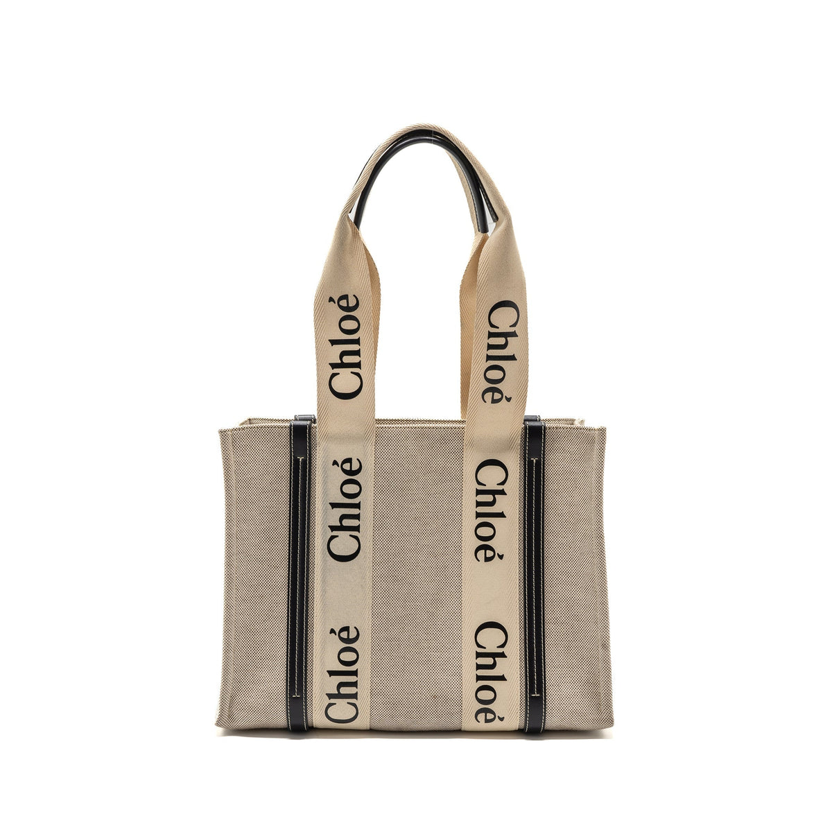 CHLOE MEDIUM WOODY TOTE BAG CANVAS/CALFSKIN WHITE/BLUE