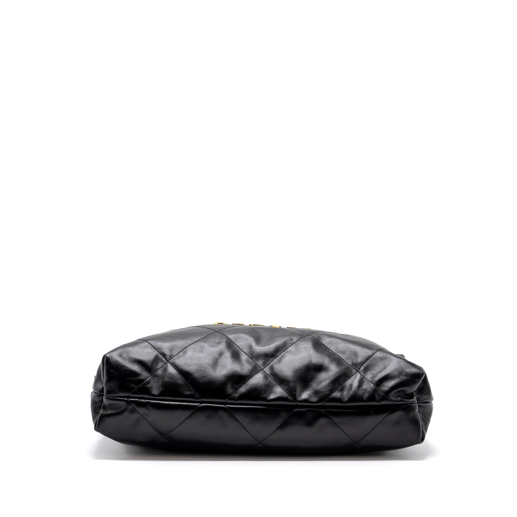 CHANEL MEDIUM 22 BAG GOLD LETTER SHINY CALFSKIN BLACK GHW(MICROCHIP)