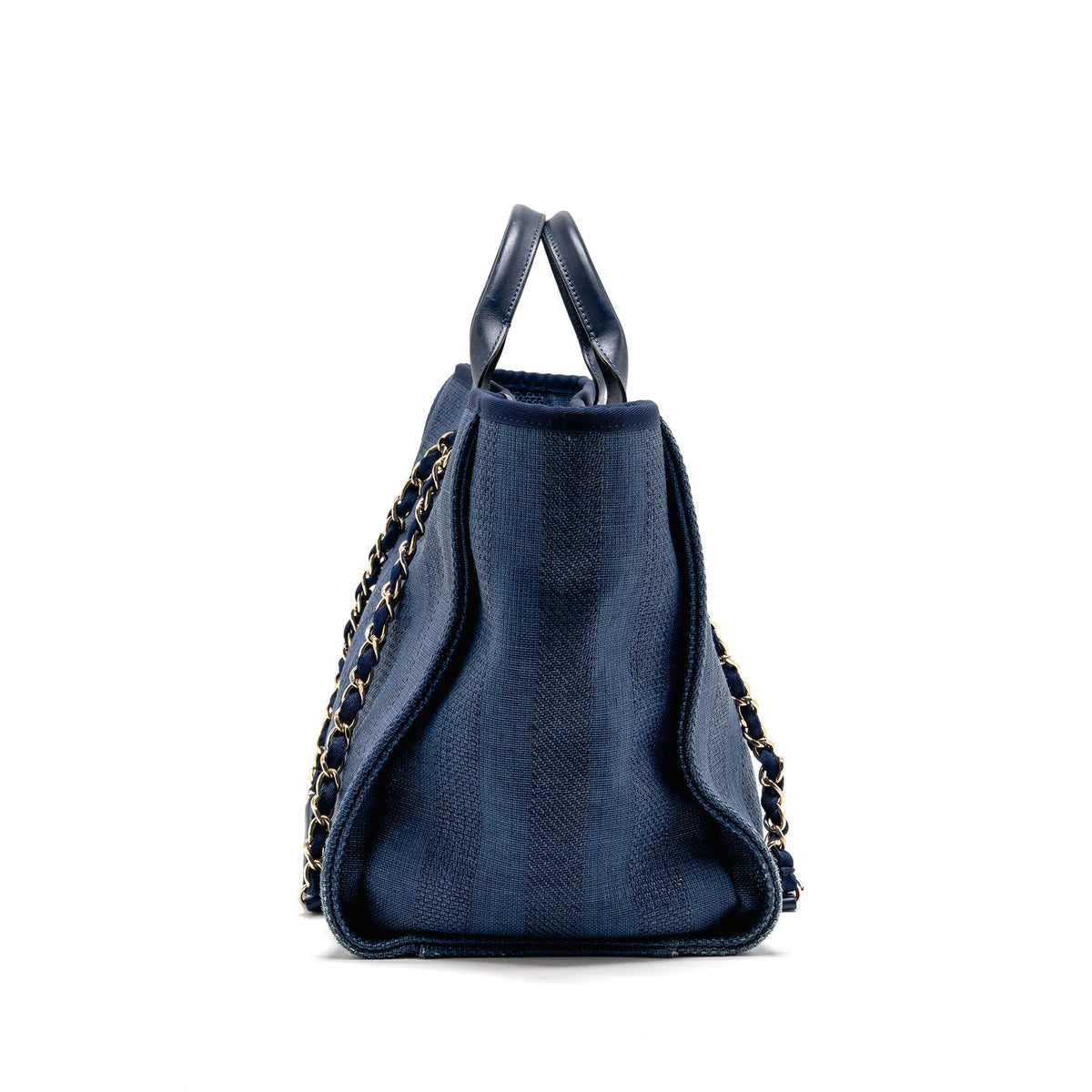 CHANEL LARGE DEAUVILLE TOTE BAG CANVAS/CALFSKIN NAVY BLUE LGHW