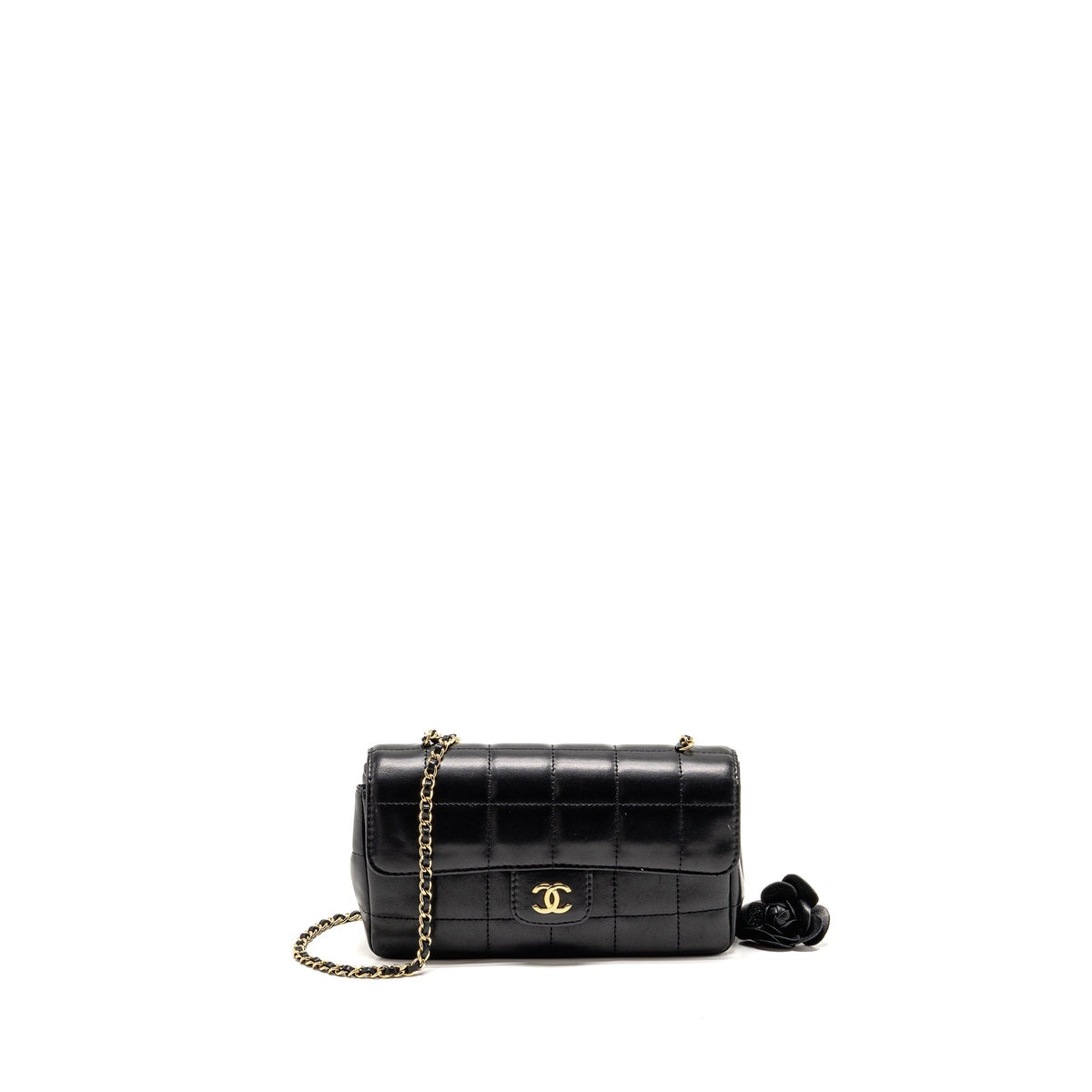 CHANEL CAMELLIA MINI FLAP SHOULDER BAG LAMBSKIN BLACK GHW