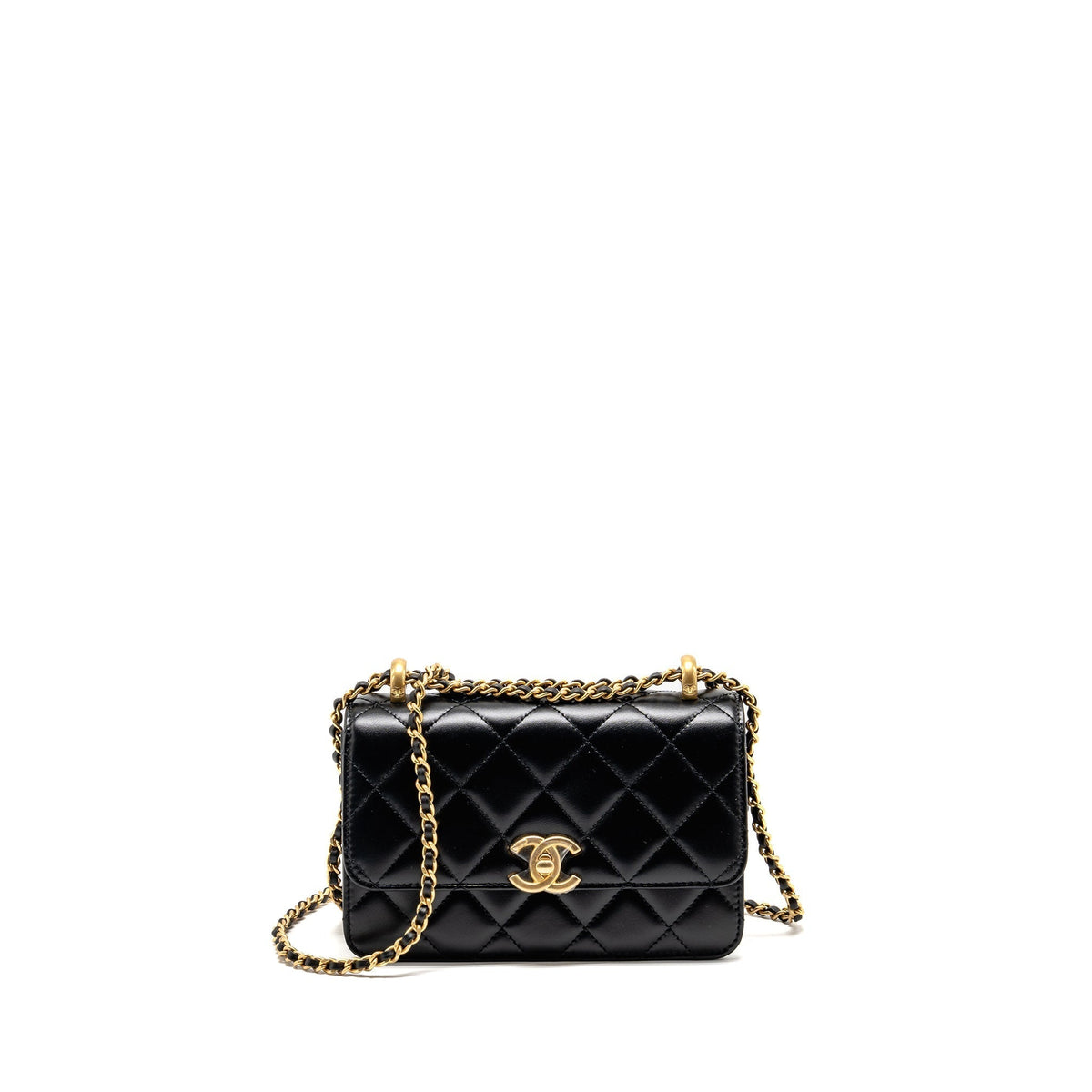 CHANEL GOLD CRUSH FLAP BAG CALFSKIN BLACK GHW (MICROCHIP)