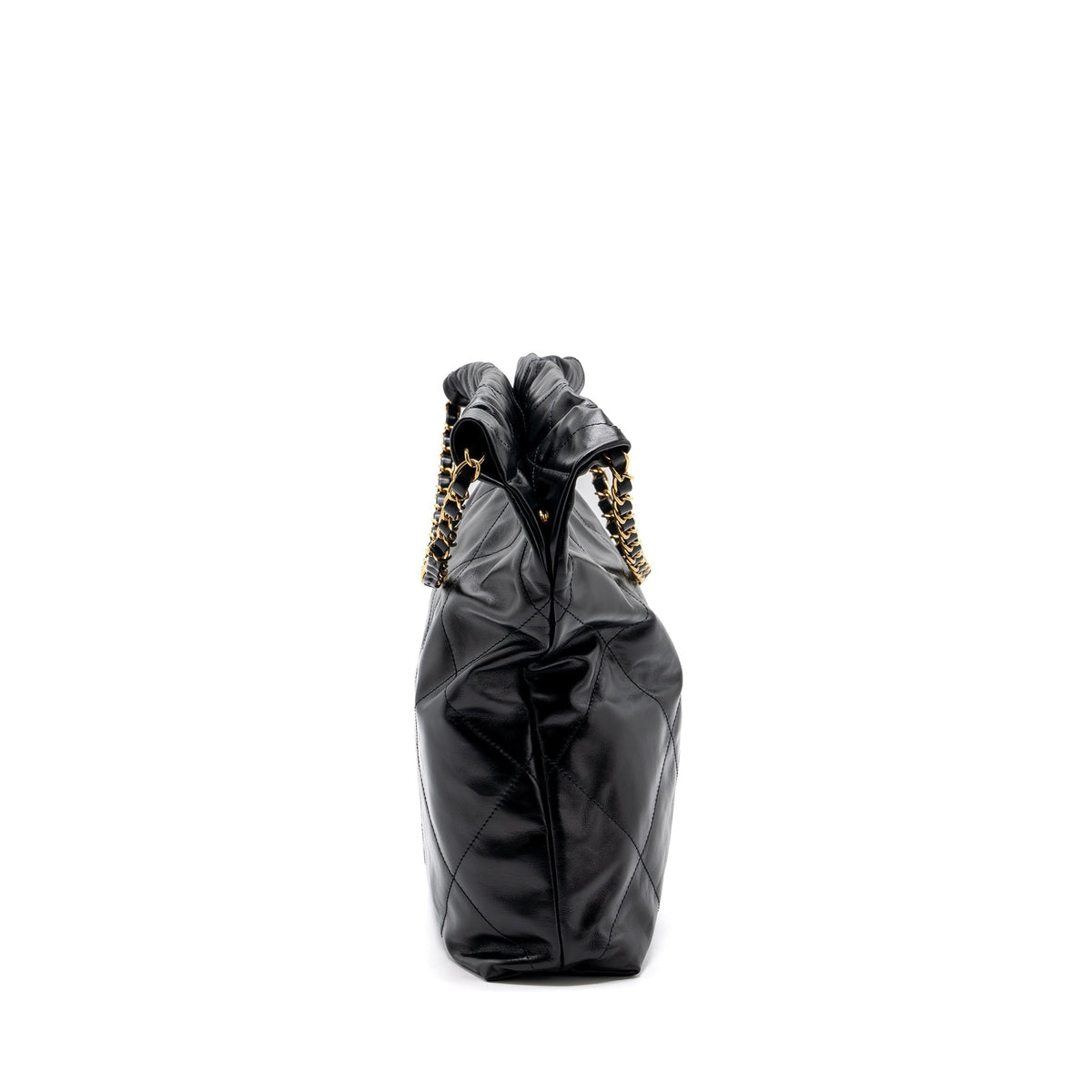 CHANEL MEDIUM 22 BAG GOLD LETTER SHINY CALFSKIN BLACK GHW(MICROCHIP)