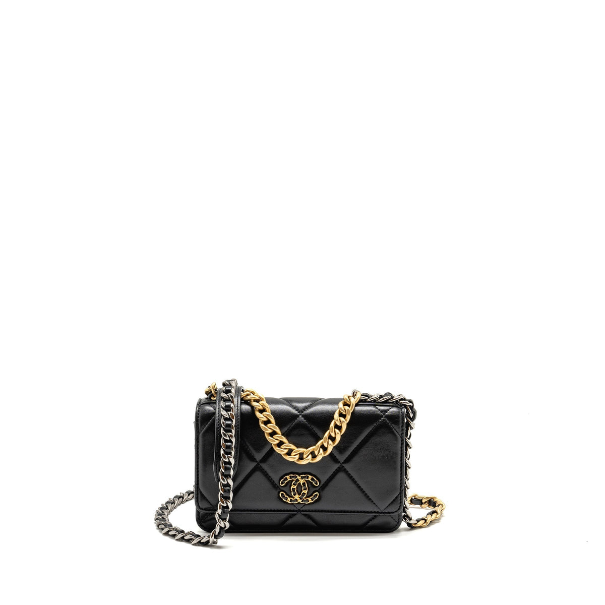 CHANEL 19 WALLET ON CHAIN LAMBSKIN BLACK MULTICOLOUR HARDWARE