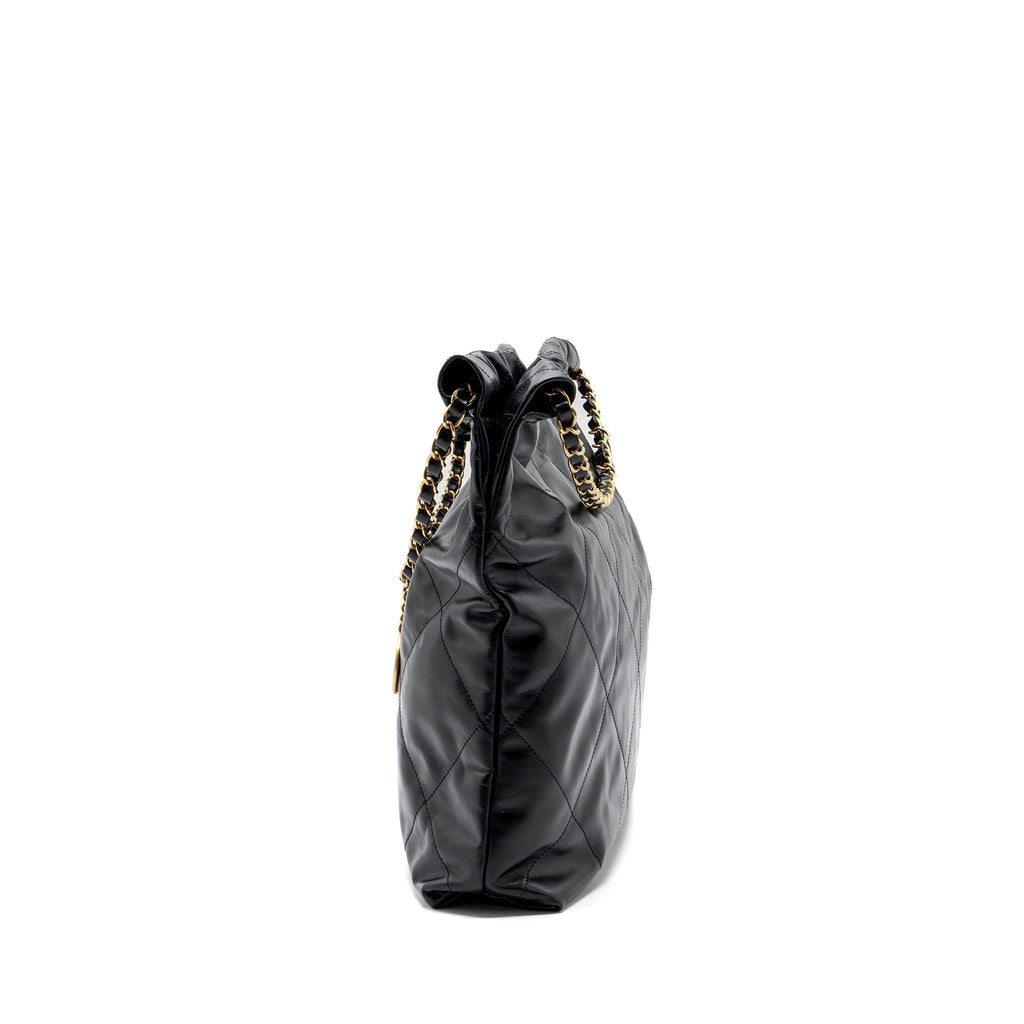 CHANEL MEDIUM 22 BAG GOLD LETTER SHINY CALFSKIN BLACK GHW(MICROCHIP)