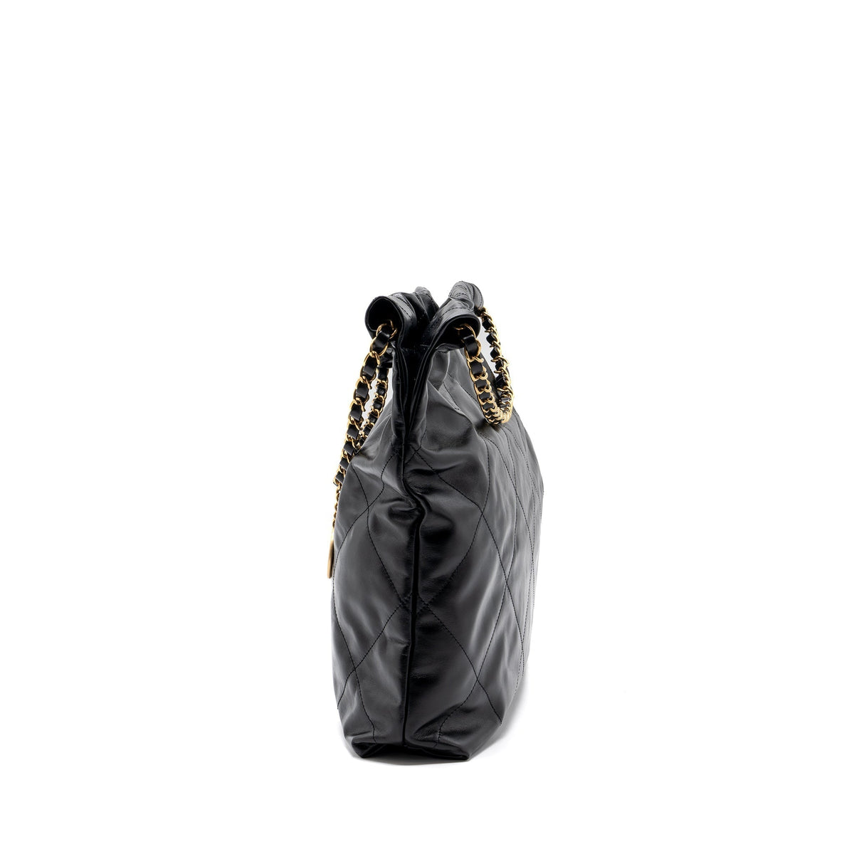 CHANEL MEDIUM 22 BAG GOLD LETTER SHINY CALFSKIN BLACK GHW(MICROCHIP)