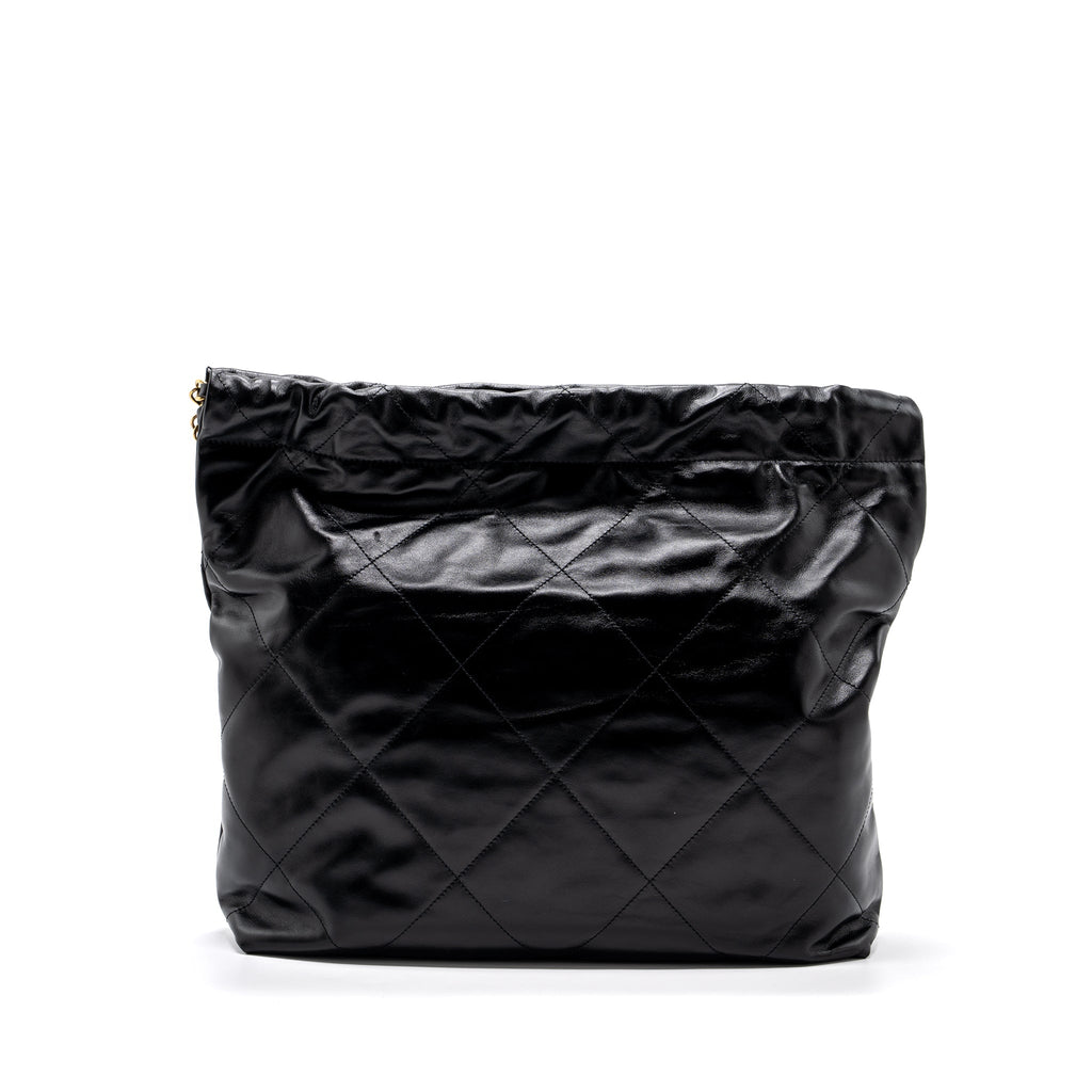 CHANEL MEDIUM 22 BAG GOLD LETTER SHINY CALFSKIN BLACK GHW(MICROCHIP)