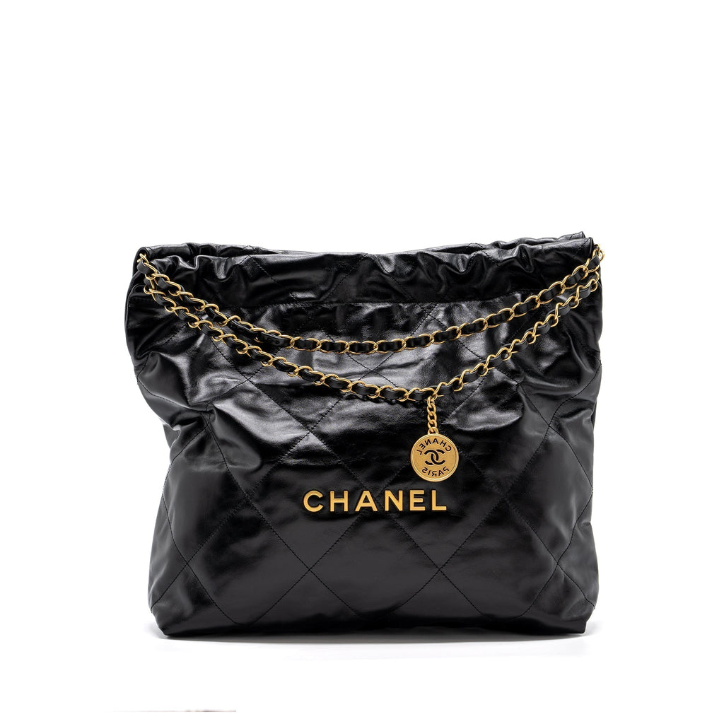 CHANEL MEDIUM 22 BAG GOLD LETTER SHINY CALFSKIN BLACK GHW(MICROCHIP)