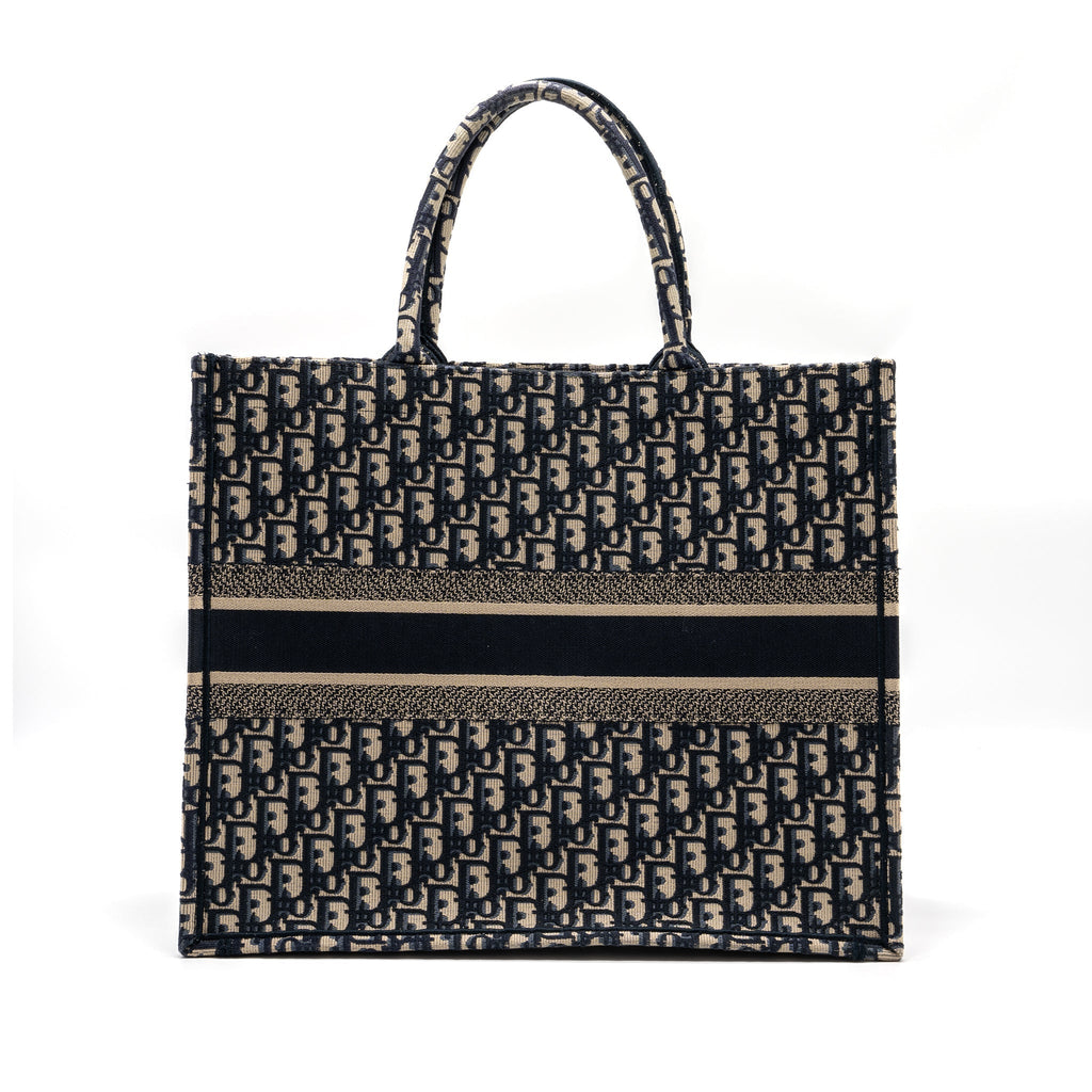 DIOR LARGE BOOK TOTE ECRU AND BLUE DIOR OBLIQUE EMBROIDERY