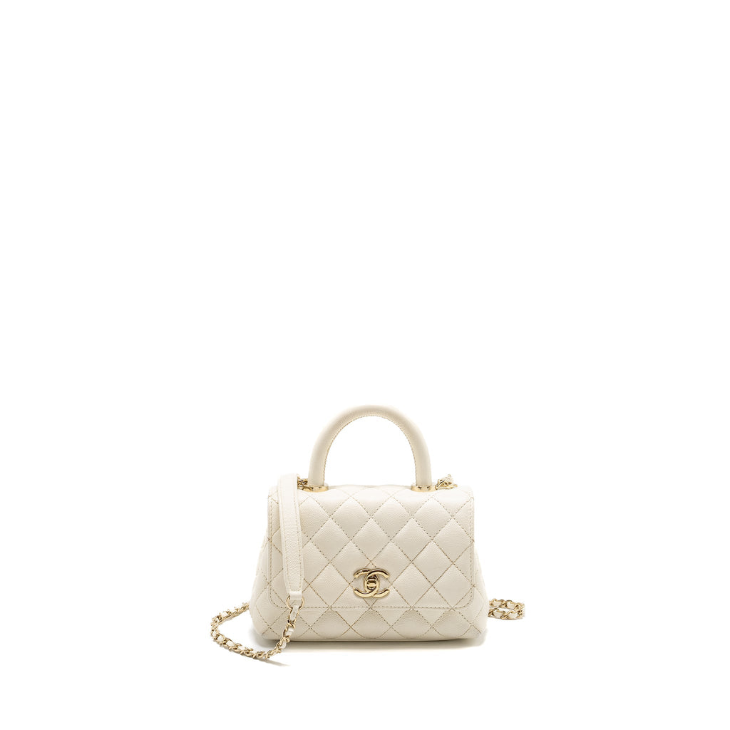 CHANEL MINI COCO HANDLE CAVIAR WHITE LGHW (MICROCHIP)