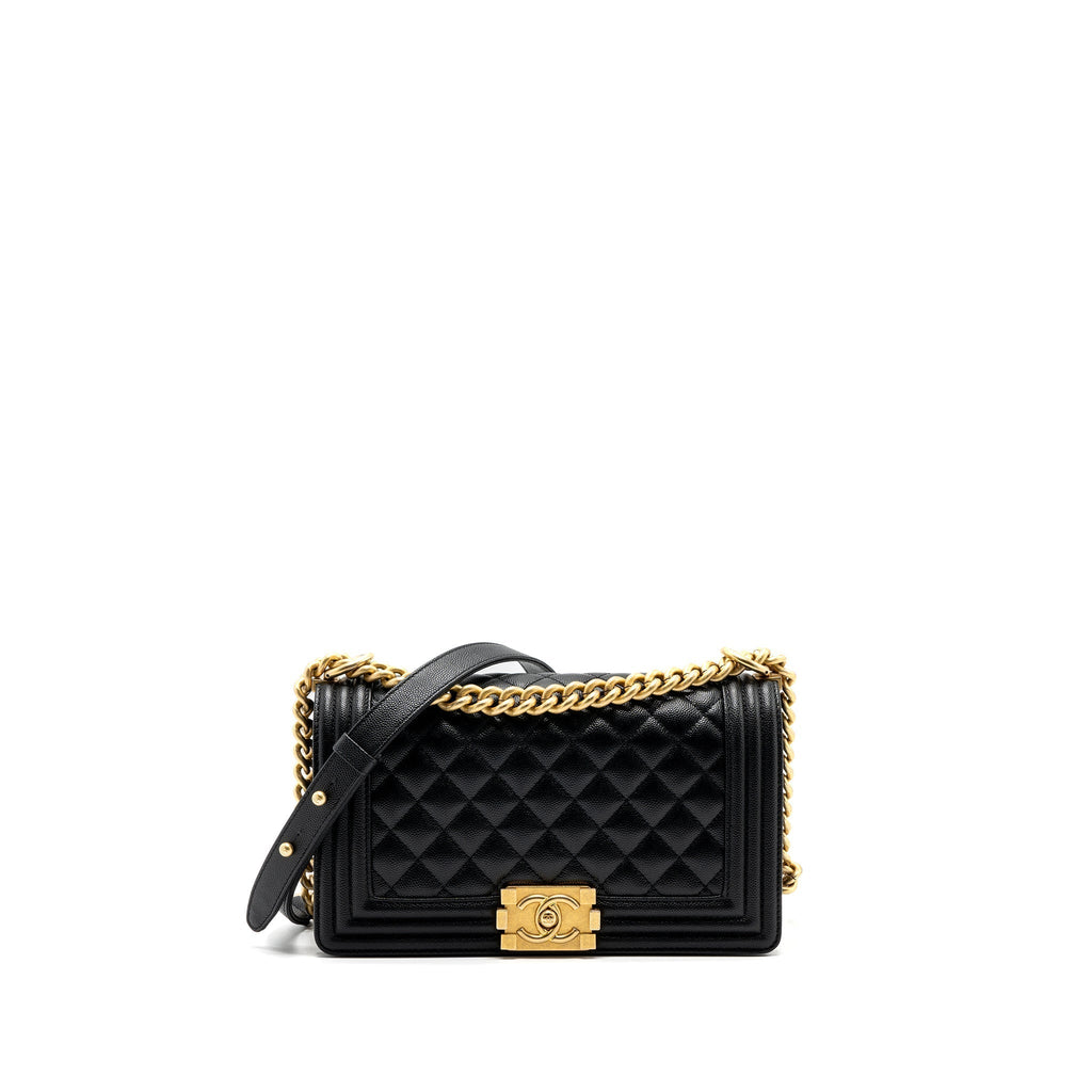 CHANEL MEDIUM BOY BAG CAVIAR BLACK BRUSHED GHW (MICROCHIP )