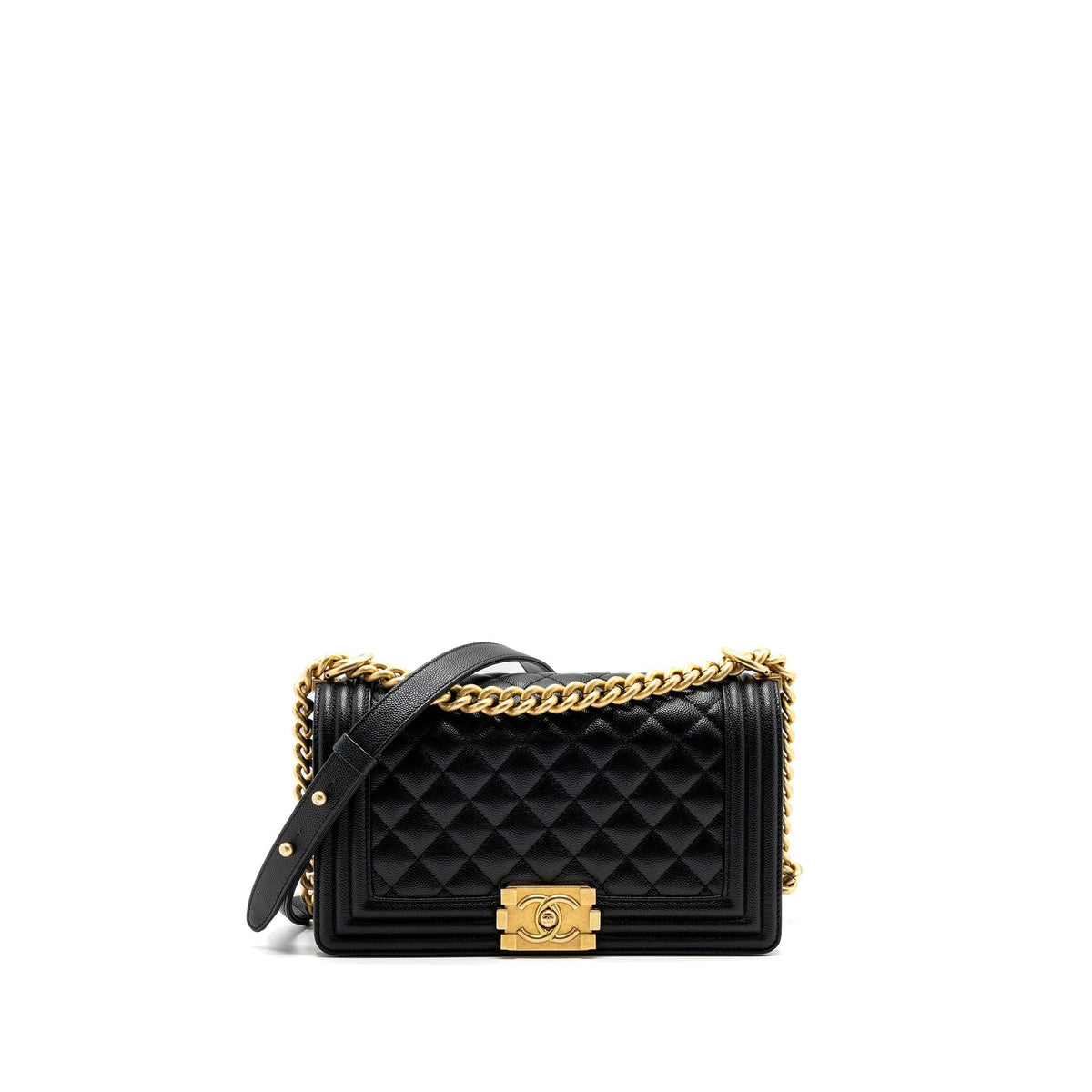 CHANEL MEDIUM BOY BAG CAVIAR BLACK BRUSHED GHW (MICROCHIP )