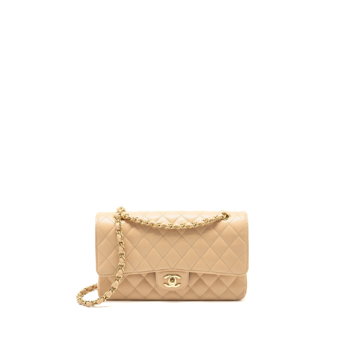 CHANEL MEDIUM CLASSIC DOUBLE FLAP BAG CAVIAR BEIGE LGHW (MICROCHIP)