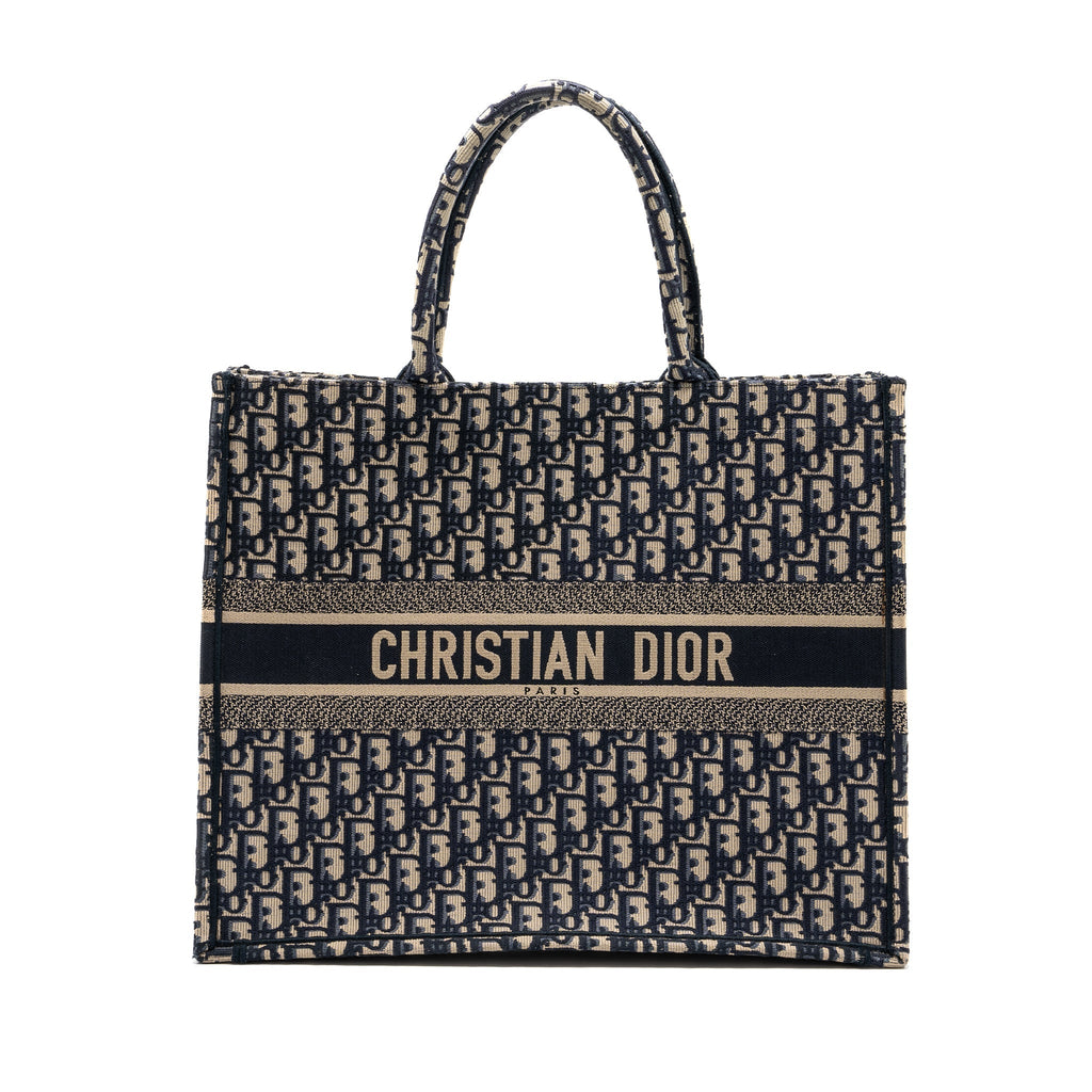 DIOR LARGE BOOK TOTE ECRU AND BLUE DIOR OBLIQUE EMBROIDERY