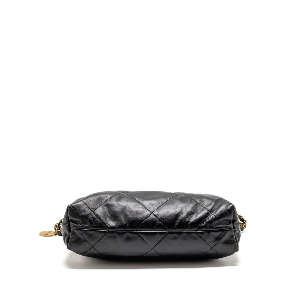 CHANEL SMALL 22 BAG GOLD LETTER SHINY CALFSKIN BLACK GHW (MICROCHIP)