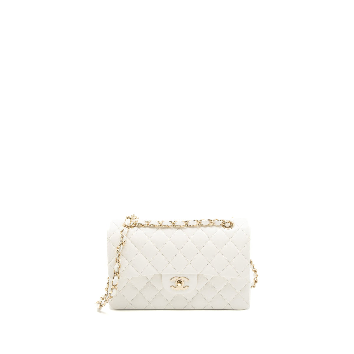 CHANEL SMALL CLASSIC DOUBLE FLAP BAG CAVIAR WHITE LGHW (MICROCHIP)