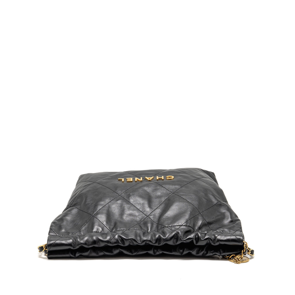 CHANEL SMALL 22 BAG GOLD LETTER SHINY CALFSKIN BLACK GHW (MICROCHIP)