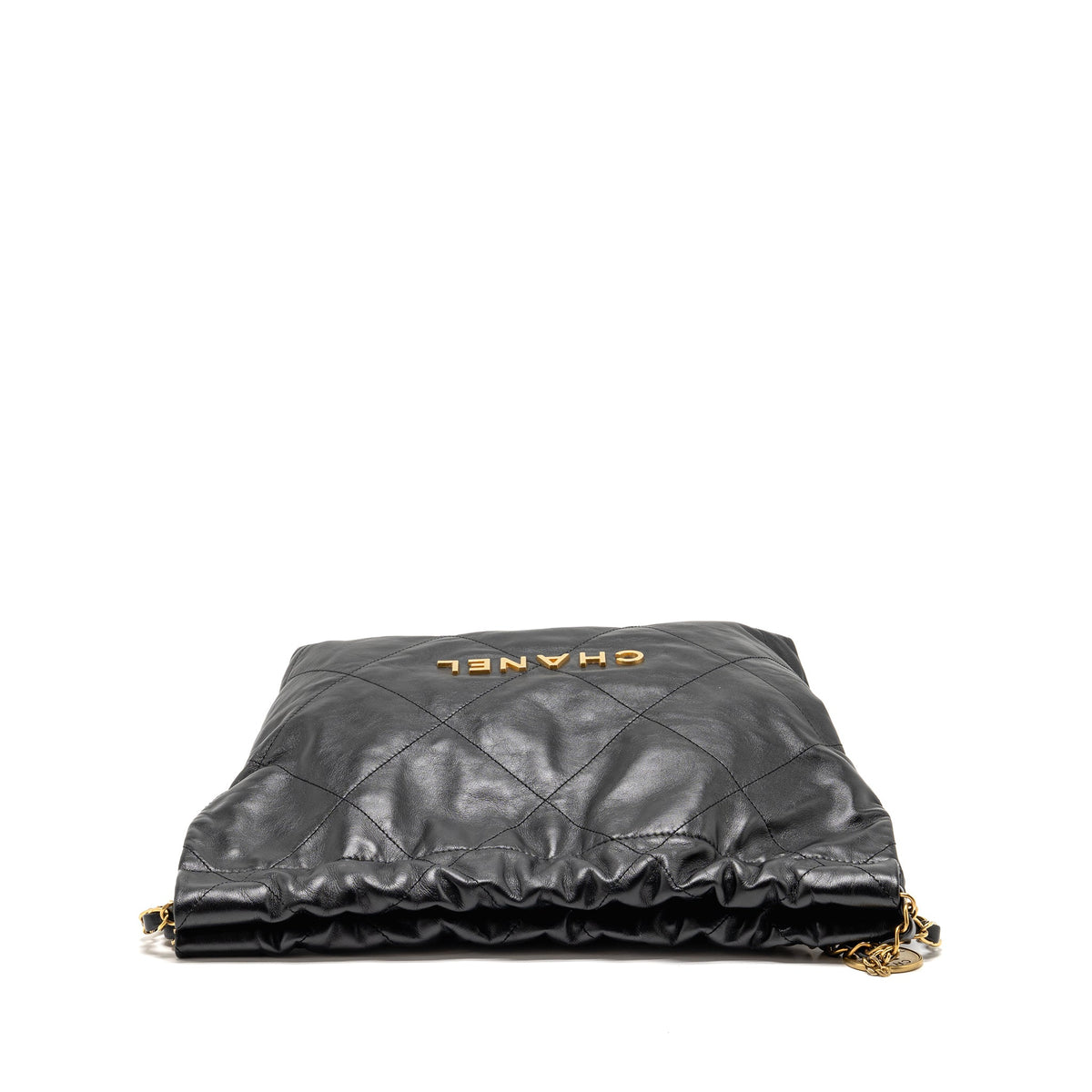 CHANEL SMALL 22 BAG GOLD LETTER SHINY CALFSKIN BLACK GHW (MICROCHIP)