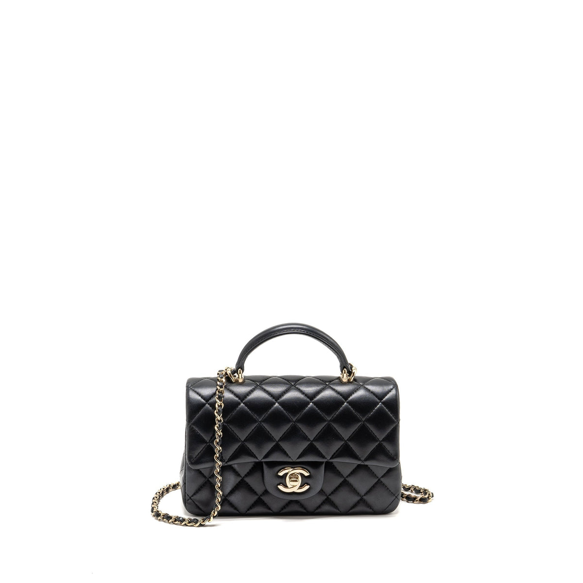 CHANEL TOP HANDLE MINI RECTANGULAR FLAP BAG LAMBSKIN BLACK LGHW (MICROCHIP)