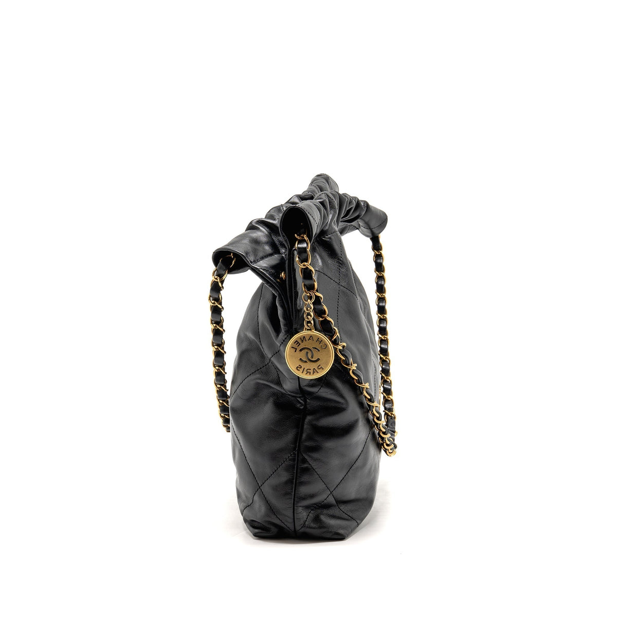 CHANEL SMALL 22 BAG GOLD LETTER SHINY CALFSKIN BLACK GHW (MICROCHIP)