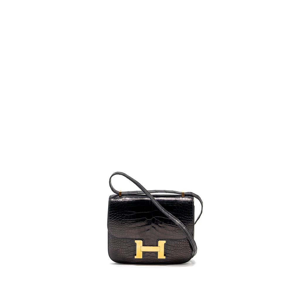HERMES MINI CONSTANCE ALLIGATOR MISSISSIPPIENSIS SHINY BLACK GHW