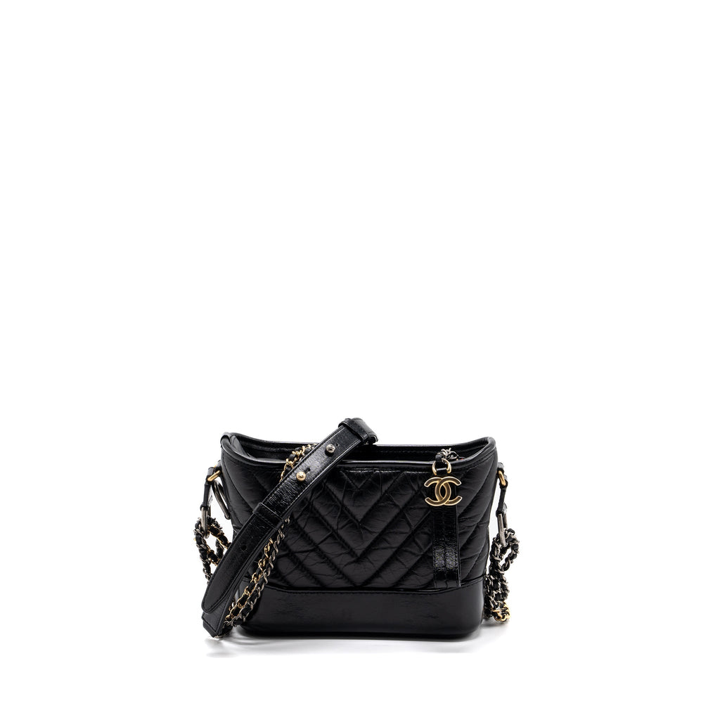 CHANEL SMALL GABRIELLE HOBO BAG CHEVRON AGED CALFSKIN BLACK MULTICOLOUR HARDWARE