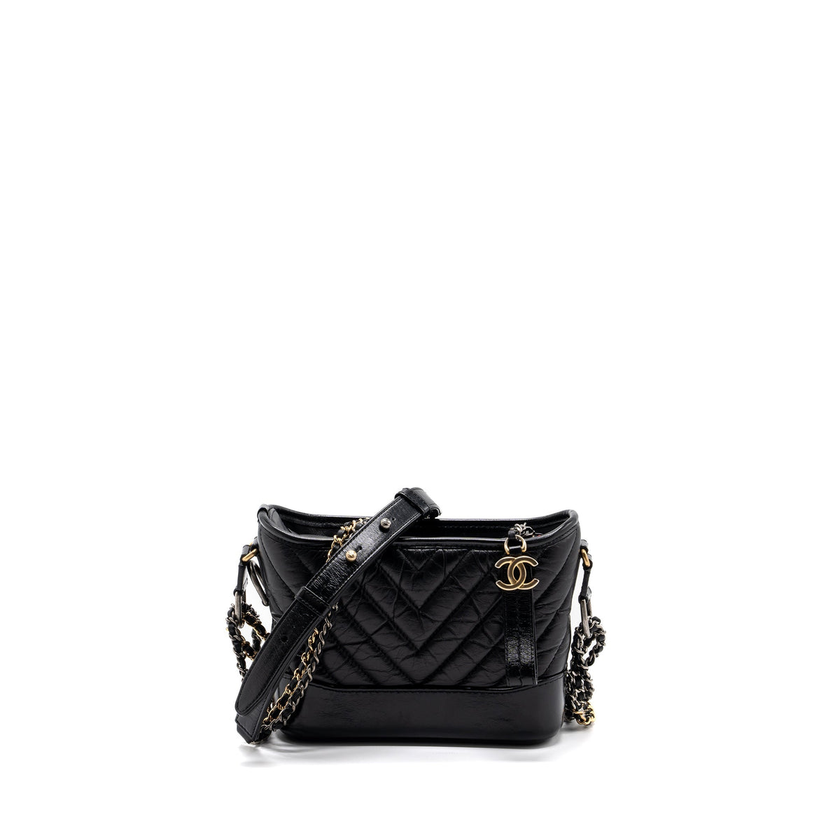 CHANEL SMALL GABRIELLE HOBO BAG CHEVRON AGED CALFSKIN BLACK MULTICOLOUR HARDWARE