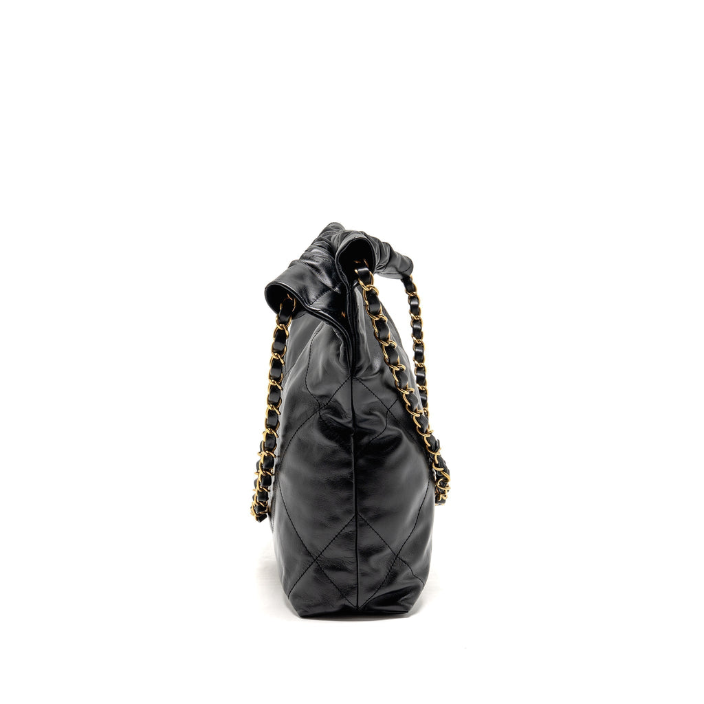 CHANEL SMALL 22 BAG GOLD LETTER SHINY CALFSKIN BLACK GHW (MICROCHIP)