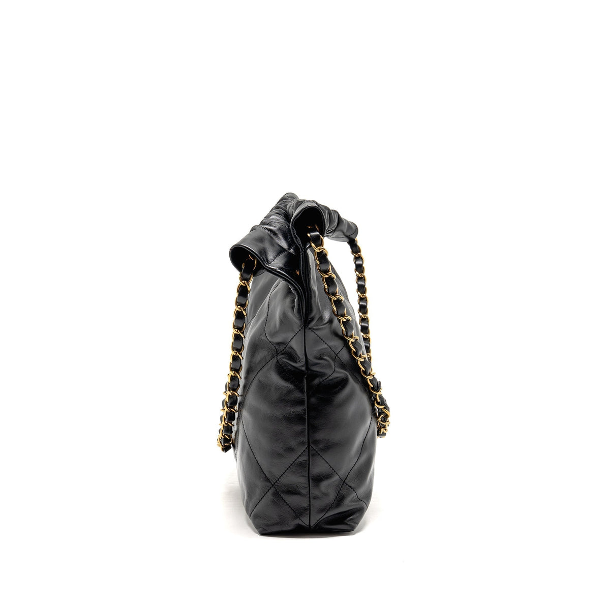 CHANEL SMALL 22 BAG GOLD LETTER SHINY CALFSKIN BLACK GHW (MICROCHIP)