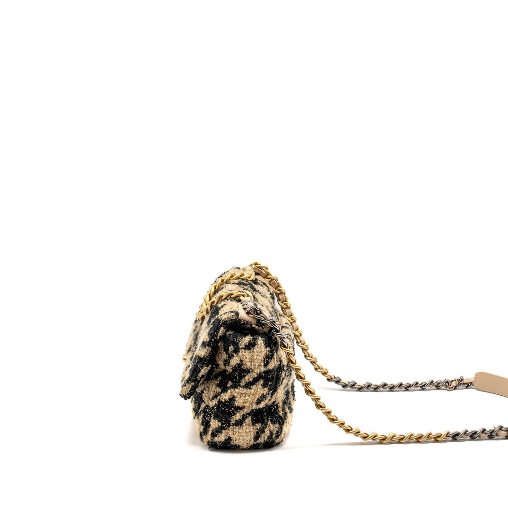 CHANEL SMALL 19 BAG TWEED BEIGE / BLACK MULTICOLOUR HARDWARE