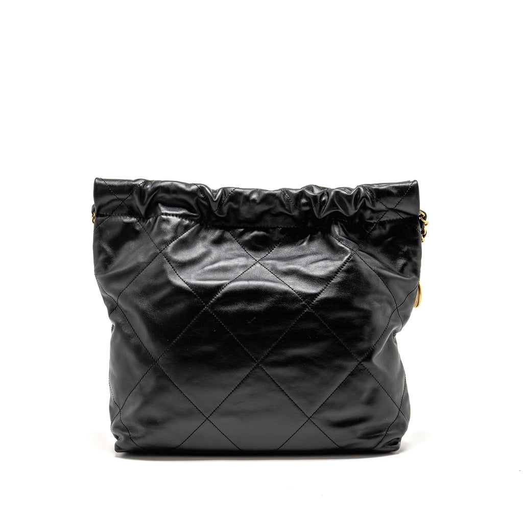 CHANEL SMALL 22 BAG GOLD LETTER SHINY CALFSKIN BLACK GHW (MICROCHIP)