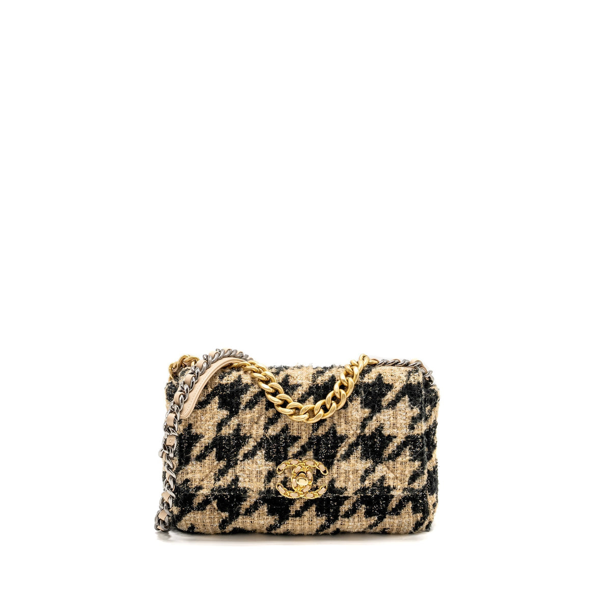 CHANEL SMALL 19 BAG TWEED BEIGE / BLACK MULTICOLOUR HARDWARE
