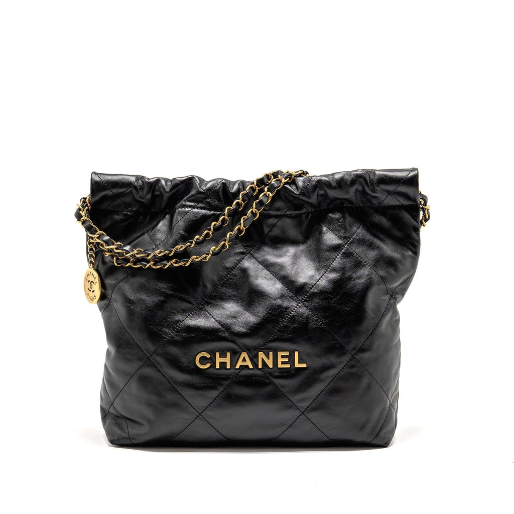 CHANEL SMALL 22 BAG GOLD LETTER SHINY CALFSKIN BLACK GHW (MICROCHIP)