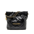 CHANEL SMALL 22 BAG GOLD LETTER SHINY CALFSKIN BLACK GHW (MICROCHIP)