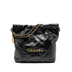 CHANEL SMALL 22 BAG GOLD LETTER SHINY CALFSKIN BLACK GHW (MICROCHIP)