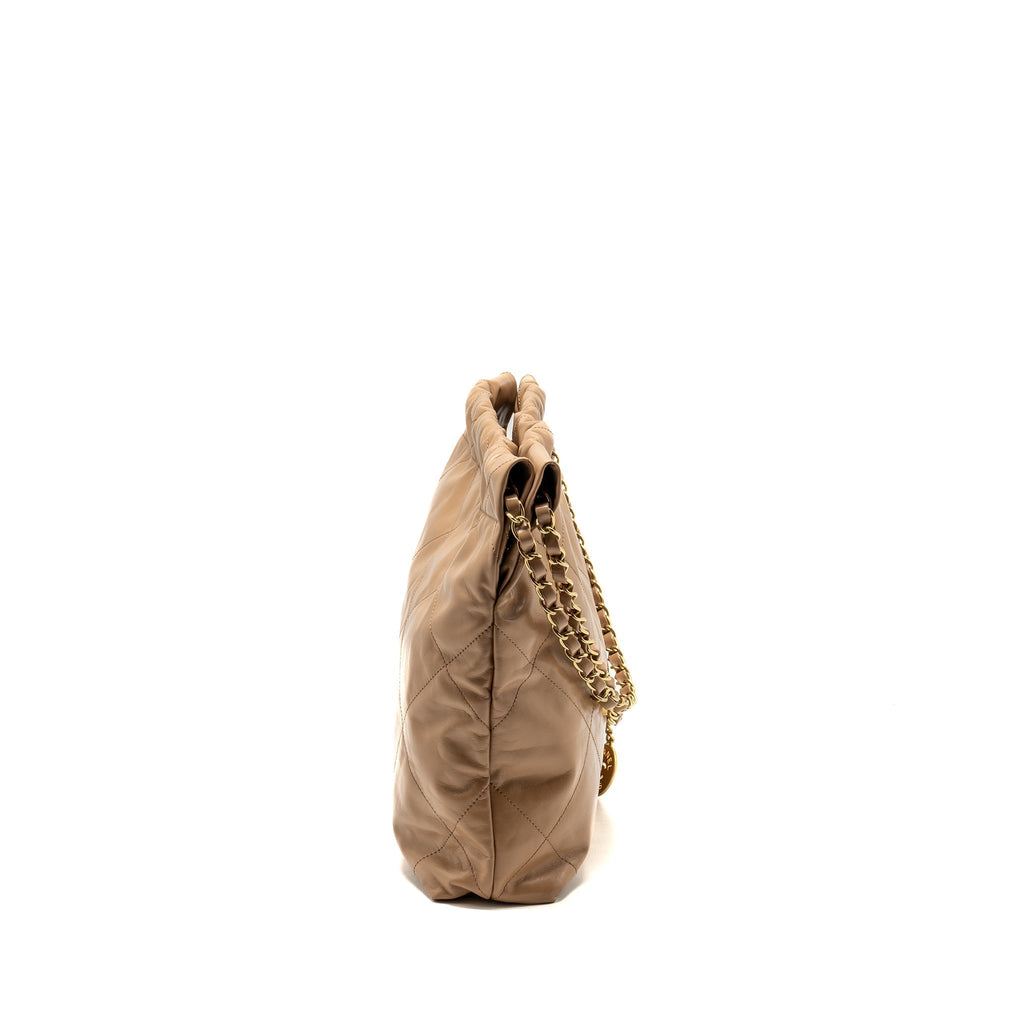 CHANEL SMALL 22 BAG SHINY CALFSKIN DARK BEIGE GHW (MICROCHIP)