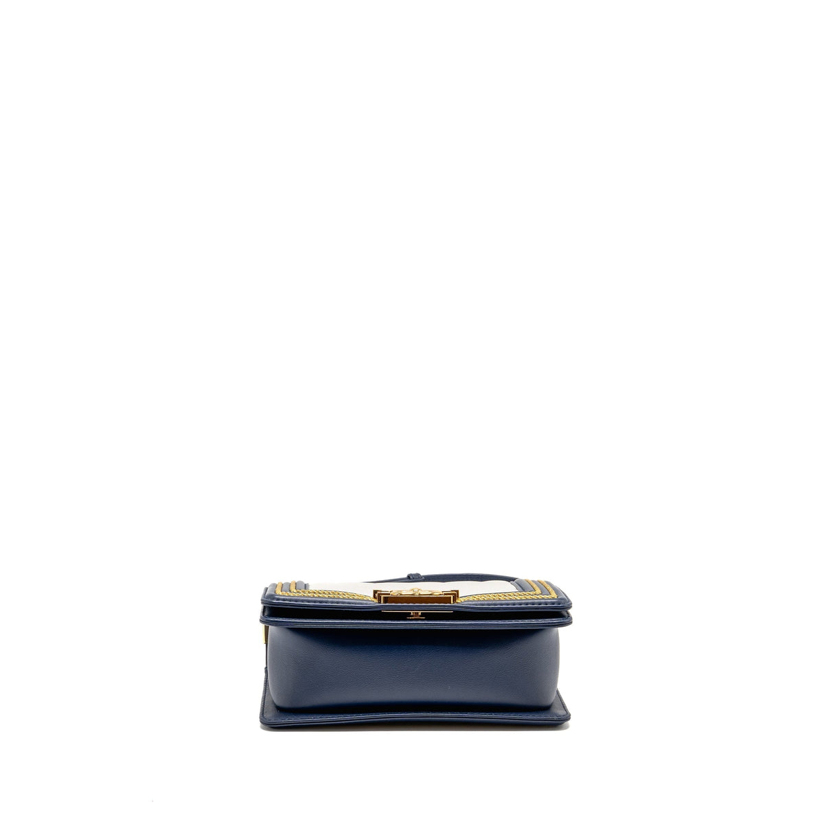 CHANEL SMALL CHEVRON BOY BAG CALFSKIN WHITE/NAVY GHW