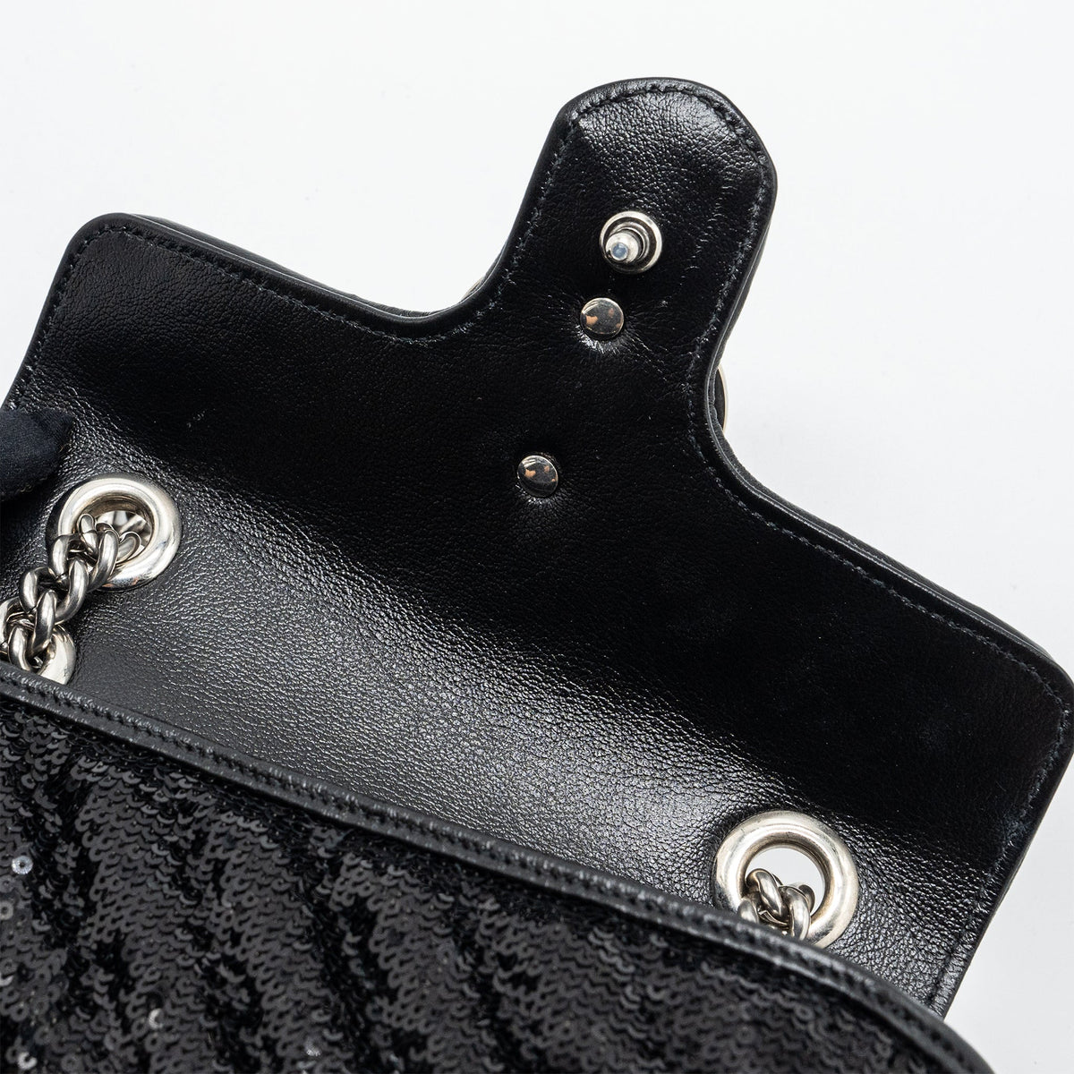 GUCCI MINI GG MARMONT MATELASSE BAG SEQUIN BLACK SHW