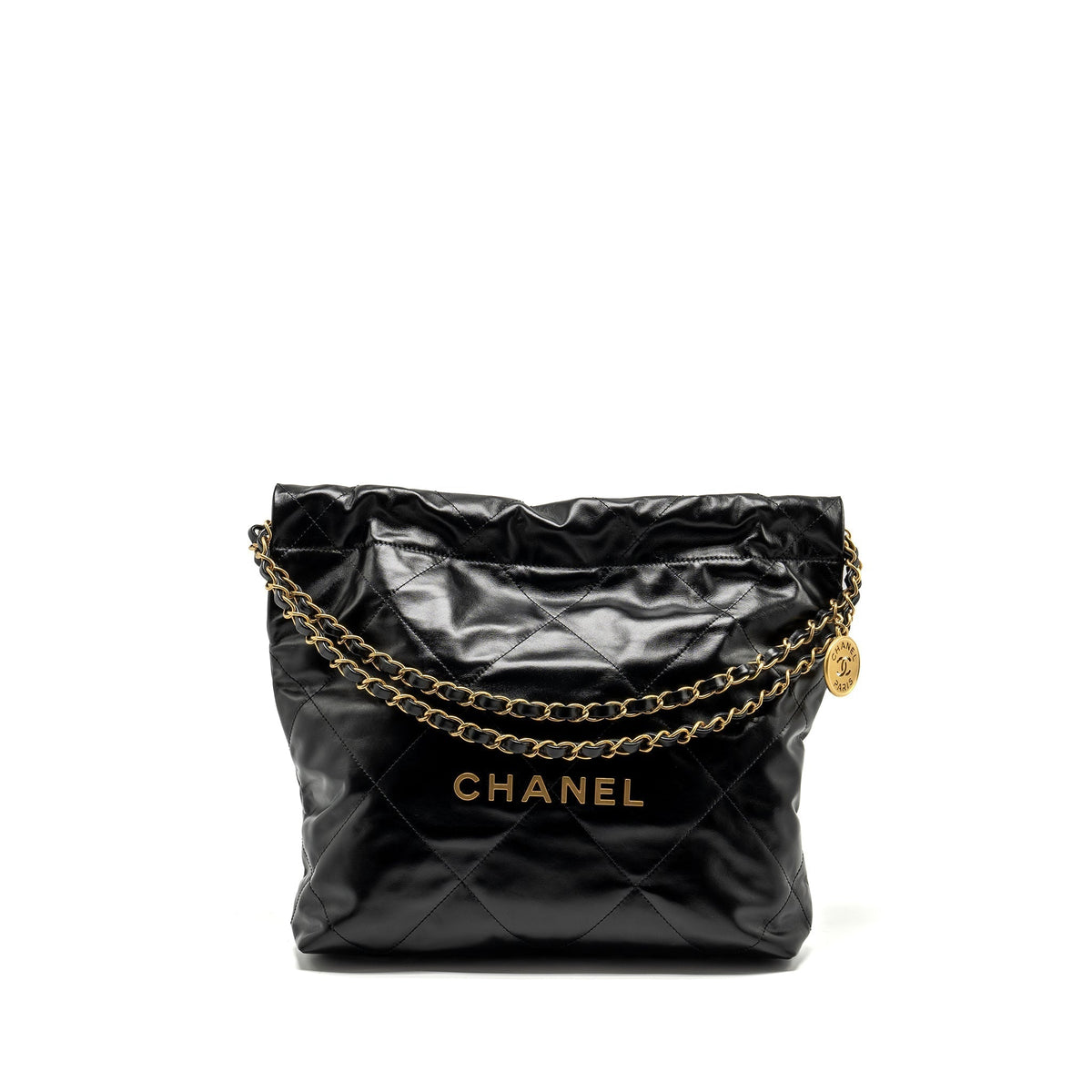 CHANEL SMALL 22 BAG SHINY CALFSKIN BLACK GHW (MICROCHIP)