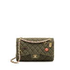 CHANEL COCO CUBA CHARMS JUMBO CLASSIC DOUBLE FLAP BAG CANVAS GREEN GHW