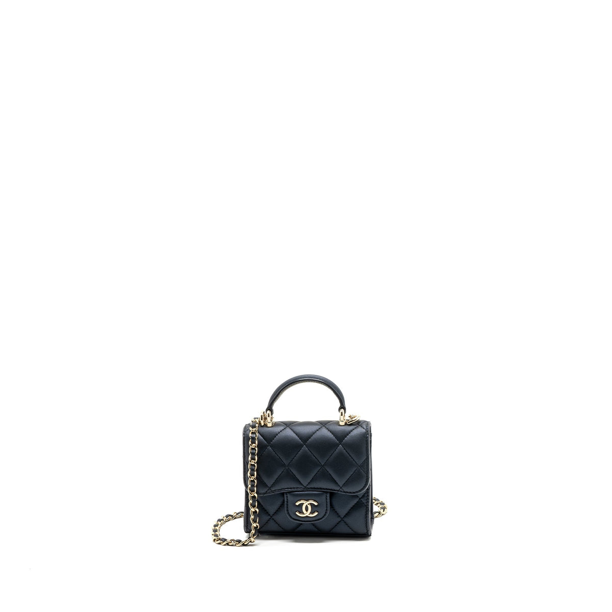 CHANEL TOP HANDLE MINI FLAP BAG PEARLY LAMBSKIN DARK BLUE LGHW(MICROCHIP)