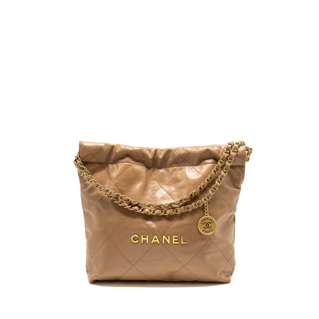 CHANEL SMALL 22 BAG SHINY CALFSKIN DARK BEIGE GHW (MICROCHIP)