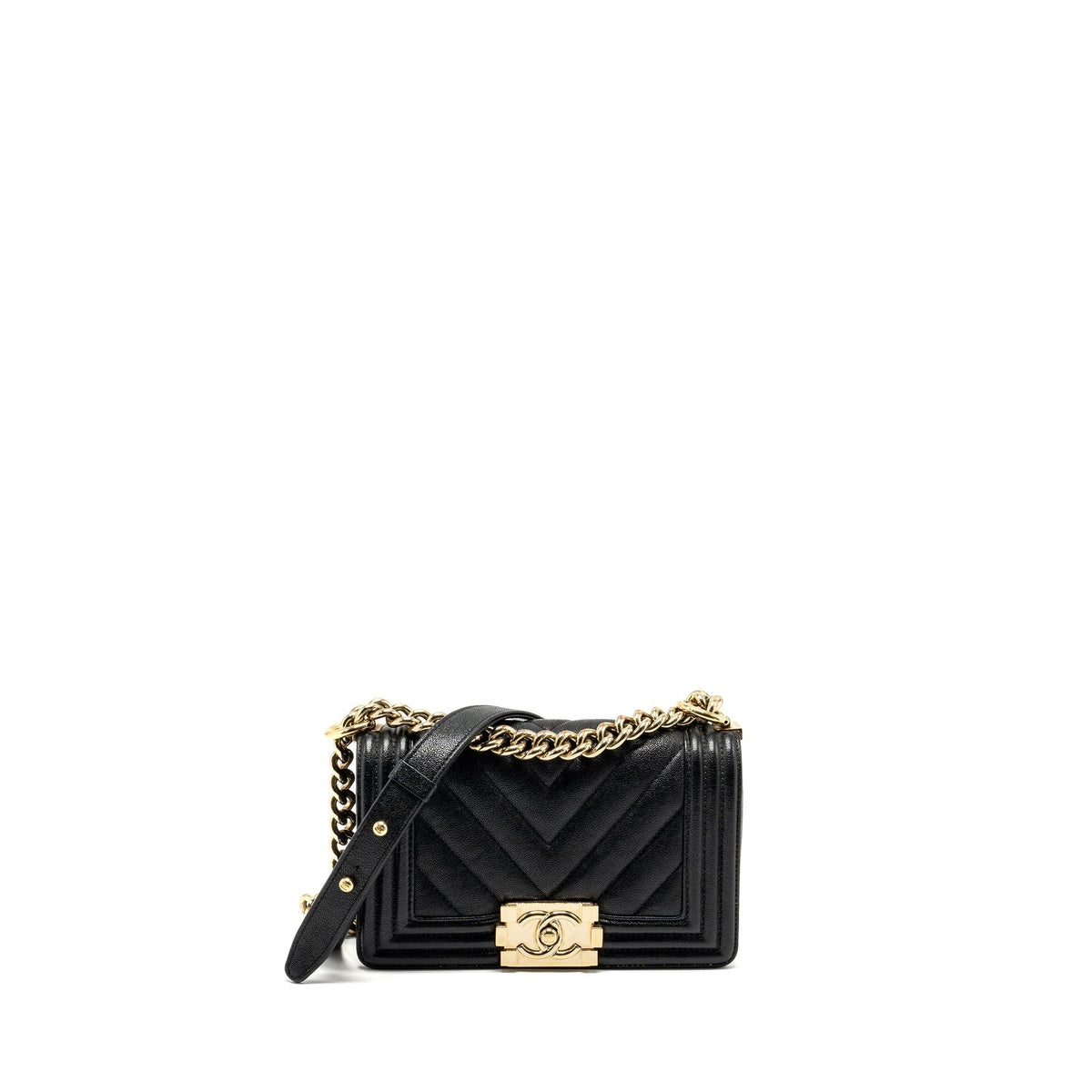 CHANEL SMALL BOY BAG CHEVRON CAVIAR BLACK LGHW