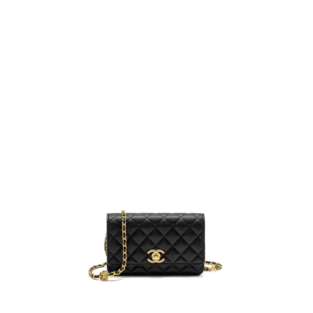 CHANEL CAMELLIA WALLET ON CHAIN CAVIAR BLACK GHW (MICROCHIP)