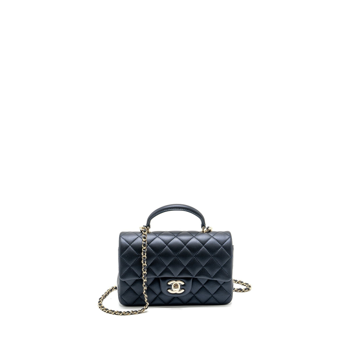 CHANEL TOP HANDLE MINI RECTANGULAR FLAP BAG LAMBSKIN NAVY LGHW (MICROCHIP)