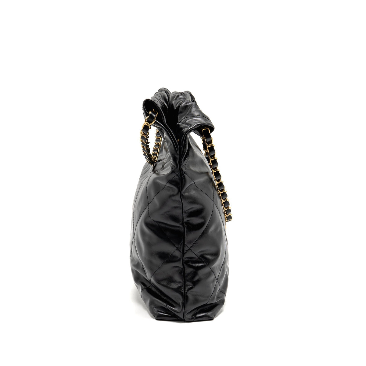 CHANEL MEDIUM 22 BAG GOLD LETTER SHINY CALFSKIN BLACK GHW (MICROCHIP)
