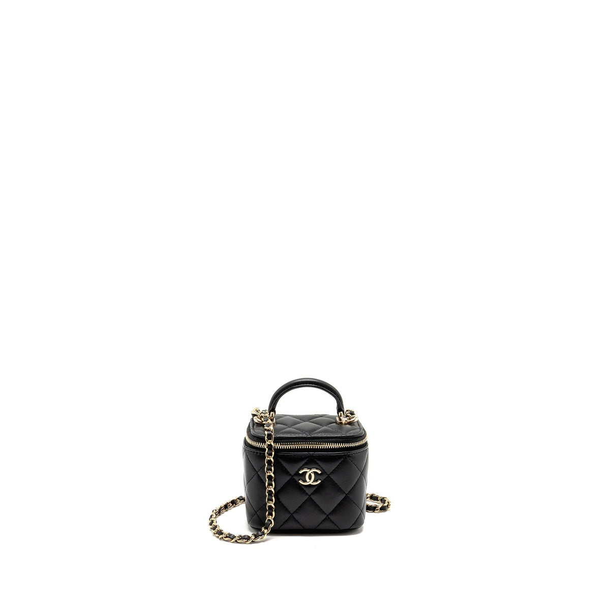 CHANEL TOP HANDLE MINI VANITY WITH CHAIN LAMBSKIN BLACK LGHW (MICROCHIP)