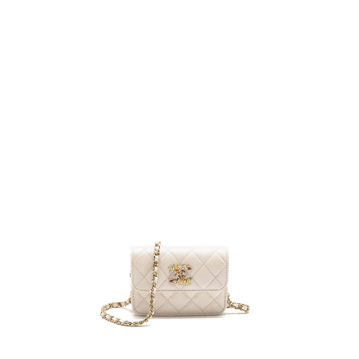 CHANEL JEWELLERY CC MINI FLAP CLUTCH WITH CHAIN CAVIAR PEARLY WHITE LGHW (MICROCHIP)