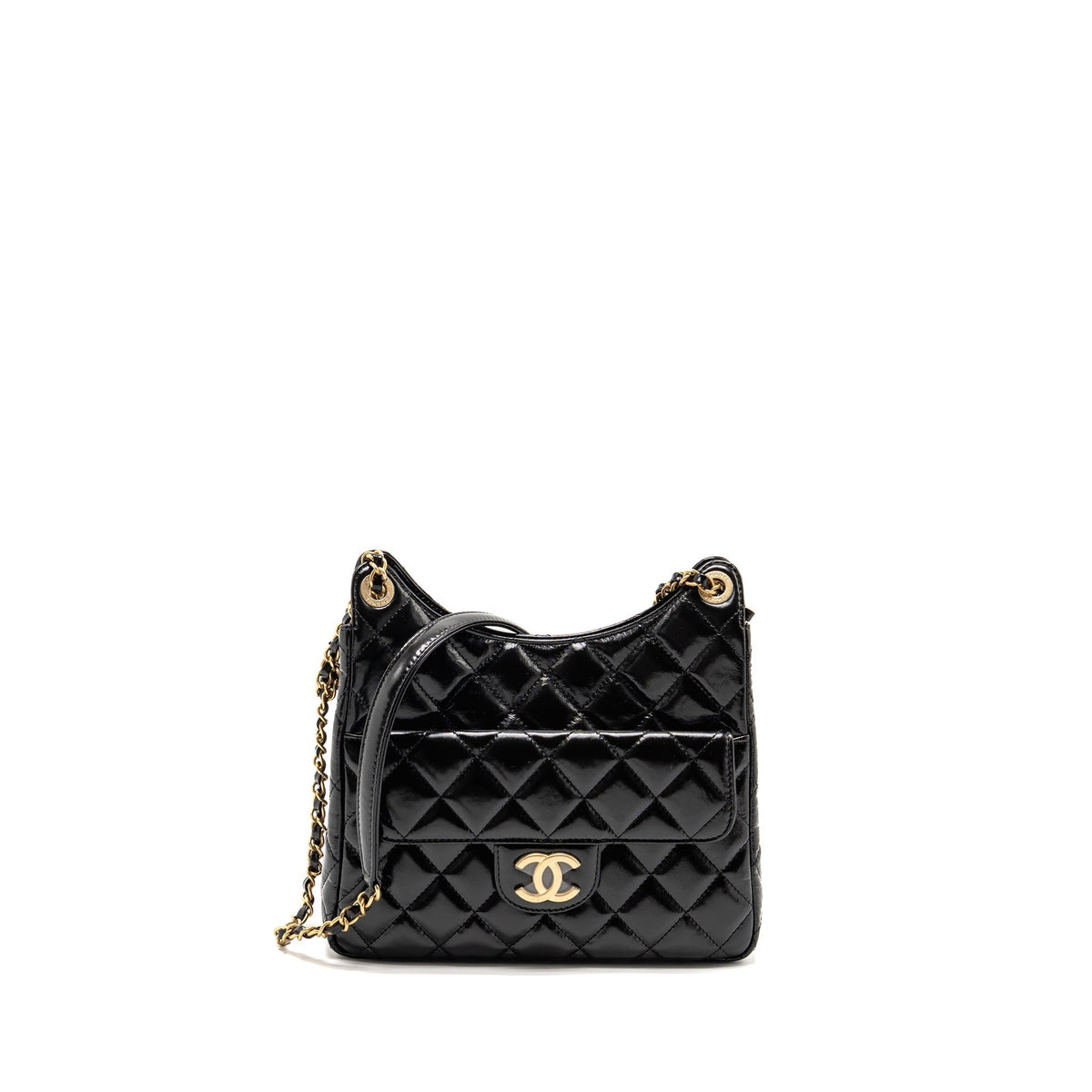 CHANEL HOBO BAG SHINY CALFSKIN BLACK BRUSHED GHW