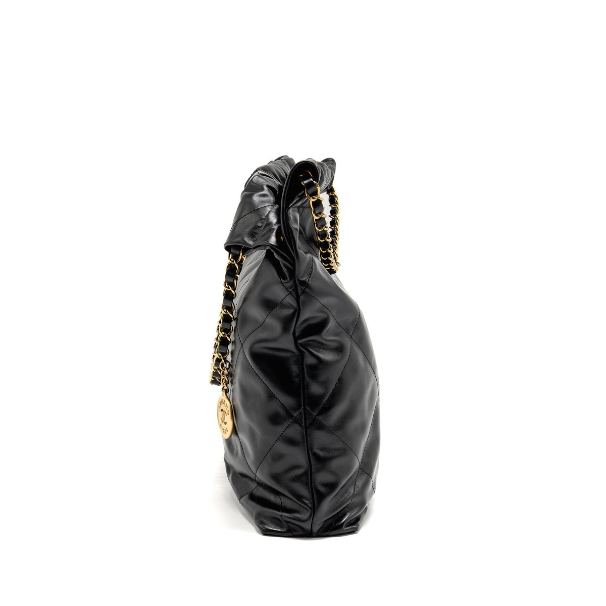 CHANEL MEDIUM 22 BAG GOLD LETTER SHINY CALFSKIN BLACK GHW (MICROCHIP)